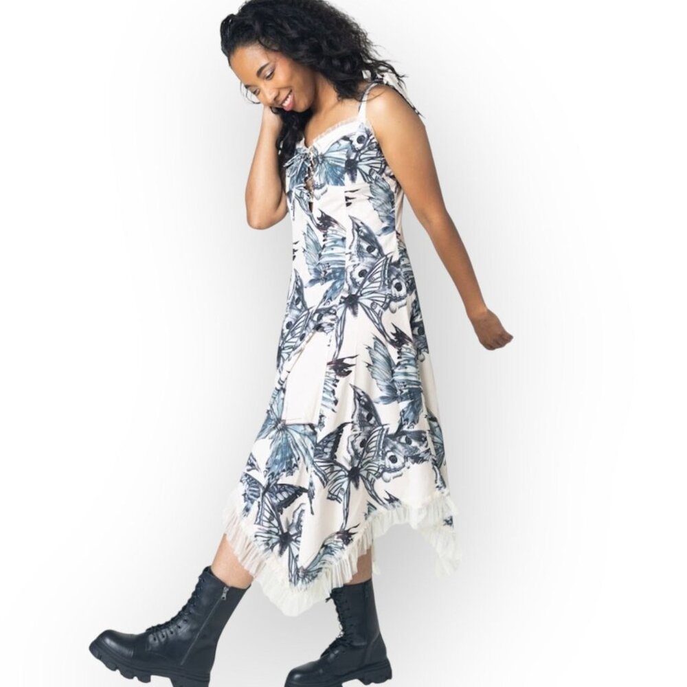 Widow Dollskill Into the Shadows Maxi Dress Butterfly Ruffle Trim Fairy Ivory S